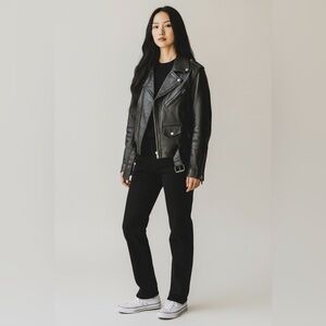 Vintage Leather Brand Black Leather Bomber Jacket Size Large